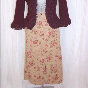 1990s Vintage Size M/L Tan With Pink Floral Denim Skirt Front Slit Pencil Midi L